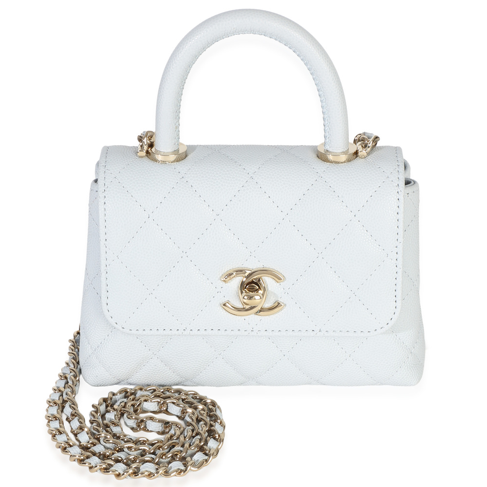 Chanel Light Blue Quilted Caviar Coco Handle Clutch With Chain Handbag